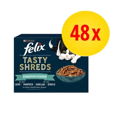Purina Felix Tasty Shreds, 48x. Widoczne smaki: łosoś, tuńczyk, dorsz, sola. Opakowanie z ilustracją kota i miski karmy.