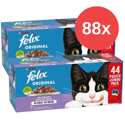 Dos cajas de Felix Original para gatos, selección mixta en gelatina, 44 sobres por caja. Texto visible: '88x', '44 Pouch Jumbo Pack', 'Mix Selectie', 'In Gelei en Gelée'. Marca Purina.