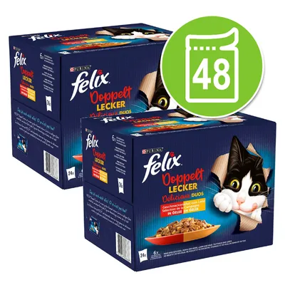 Două cutii Felix Doppelt Lecker Delicious Duos, 24 plicuri fiecare. Marcaj verde cu simbol plic și numărul 48. Imaginea arată hrană umedă pentru pisici în sos.