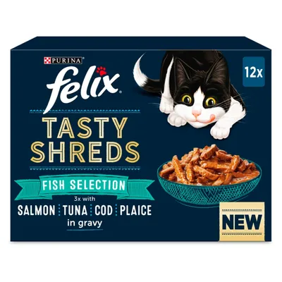 48 x 85g Felix Wet Cat Food - 3 + 1 Free! * - Tasty Shreds Fish Selection (48 x 80g)