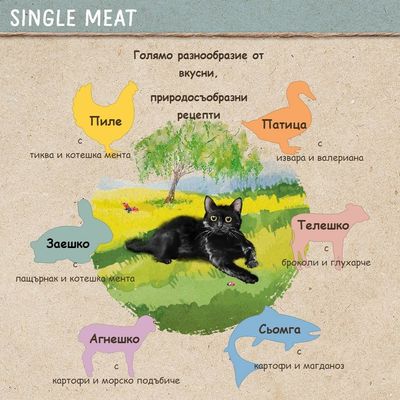 Голямо разнообразие от вкусове: Пиле с тиква и котешка мента, Патица с извара и валериана, Телешко с броколи и глухарче, Заешко с пащърнак и котешка мента, Агнешко с картофи и морско подбиче, Сьомга с картофи и магданоз. Изображение на черна котка.