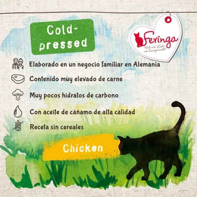 Feringa Cold-pressed. Elaborado en un negocio familiar en Alemania, contenido muy elevado de carne, muy pocos hidratos de carbono, con aceite de cáñamo, receta sin cereales. Chicken.