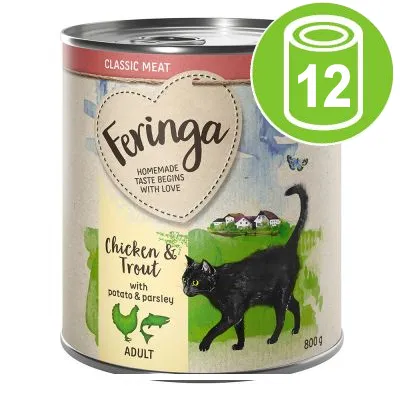 Feringa Classic Meat Chicken & Trout with potato & parsley, ADULT, 800 g. Bild visar svart katt och symbol för 12-pack.