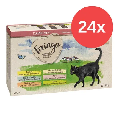 Confezione Feringa Classic Meat per gatti adulti, 24x85g. Gusti visibili: pollo con carote e tarassaco, anatra e vitello con broccoli e tarassaco, selvaggina con mirtilli rossi e tarassaco.
