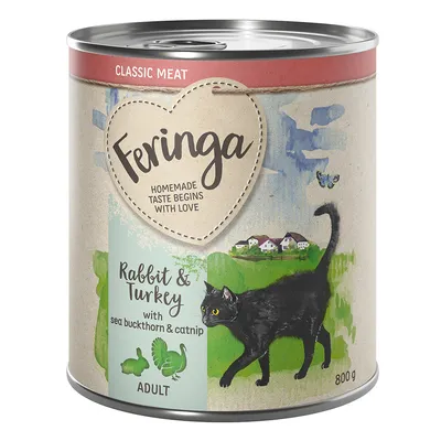 Feringa Classic Meat, konijn & kalkoen met duindoorn en kattenkruid. Natvoer voor volwassen katten, 800g blik.