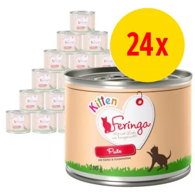 24x Feringa Kitten Pute 200 g dåser kattemad, synlig tekst: mit Kürbis & Katzenminze. Stor gul cirkel med rød tekst '24x'.