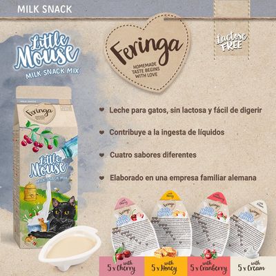 Feringa Little Mouse Milk Snack Mix, leche para gatos sin lactosa en cuatro sabores: cereza, miel, arándano y nata. Texto: fácil de digerir, contribuye a la ingesta de líquidos.