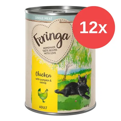 Feringa Chicken with pumpkin & catnip, ADULT, 410 g. Confezione da 12x. Lattina con immagine di gatto nero su prato e gallina. Testo in inglese visibile sull'etichetta. Feringa Chicken with pumpkin & catnip, ADULT, 410 g. Confezione da 12x. Lattina con immagine di gatto nero su prato e gallina. Testo in inglese visibile sull'etichetta.