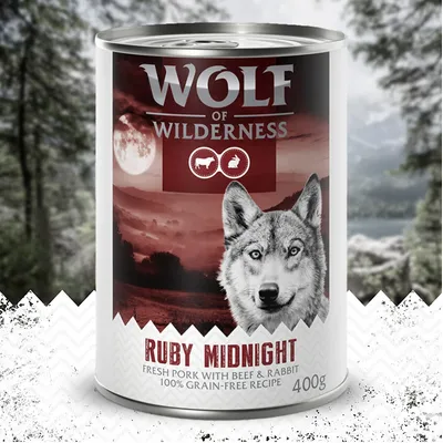 Wolf of Wilderness Ruby Midnight, čerstvé vepřové maso s hovězím a králíkem, 100% bezobilná receptura, 400g konzerva.