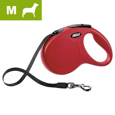 Guinzaglio avvolgibile Flexi rosso con manico in plastica, moschettone metallico e fettuccia nera. Simbolo cane taglia M visibile in alto a sinistra.