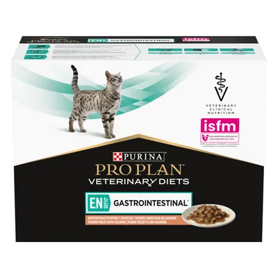 Purina Pro Plan Veterinary Diets EN Gastrointestinal hrana za mačke, komadići lososa, ISFM certifikat, prikaz pakiranja s tanjurom hrane i slikom mačke.