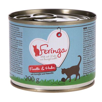 Feringa Forelle & Huhn -kissan märkäruoka, peruna ja persilja, 200 g. Etiketissä kissan siluetti ja tekstiä saksaksi.