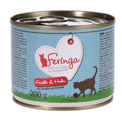 Feringa Forelle & Huhn -kissan märkäruoka, peruna ja persilja, 200 g. Etiketissä kissan siluetti ja tekstiä saksaksi.