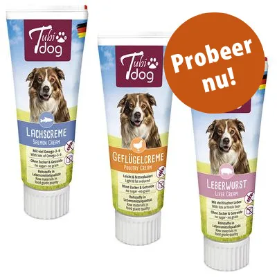 Tubi Dog Lachscreme, Geflügelcreme en Leberwurst in tubes. Tekst: Probeer nu! Zonder suiker & granen, levensmiddelenkwaliteit, met Omega 3-6 of verse lever.