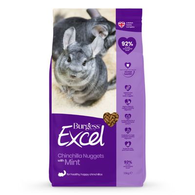 Burgess Excel Chinchilla Nuggets with Mint, 1.5 kg. 92% of vets recommend. With added mint, high in fibre, antioxidants, prebiotics for digestion, supports skin and coat.