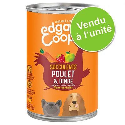 Edgard & Cooper Succulents Poulet & Dinde, pomme, fraise, carotte, sans céréales. Vendu à l’unité. Illustrations de chiens et ingrédients visibles sur la boîte. Edgard & Cooper Succulents Poulet & Dinde, pomme, fraise, carotte, sans céréales. Vendu à l’unité. Illustrations de chiens et ingrédients visibles sur la boîte.