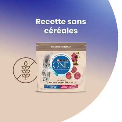 Purina ONE Bifensis Spécial Chat Stérilisé, recette sans céréales, élaborée avec du bœuf sélectionné ingrédient n°1, emballage recyclable, 1,1 kg. Texte : Recette sans céréales.
