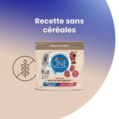 Purina ONE Bifensis Spécial Chat Stérilisé, recette sans céréales, élaborée avec du bœuf sélectionné ingrédient n°1, emballage recyclable, 1,1 kg. Texte : Recette sans céréales.