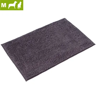 Tapis rectangulaire en tissu gris, taille M, adapté pour chien et chat (icônes visibles).