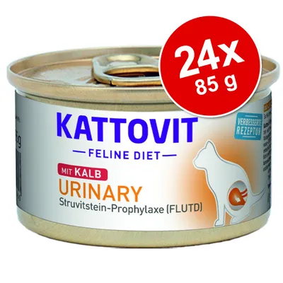 Conservă Kattovit Feline Diet Urinary mit Kalb, 24x85g. Text vizibil: Struvitstein-Prophylaxe (FLUTD), Verbessere Rezeptur. Imagine cu silueta unei pisici pe ambalaj.