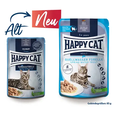 Συσκευασίες Happy Cat Adult Quellwasser Forelle spring water trout 85g, εικόνα γάτας, κομμάτια τροφής, ένδειξη για στειρωμένες γάτες, All in One Natural Life Concept. Κείμενο στα αγγλικά/γερμανικά.