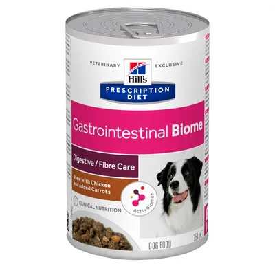 Hill's Prescription Diet Gastrointestinal Biome hondenvoer, Digestive/Fibre Care, stoofpot met kip en wortels, 354 g. Afbeelding van hond en voer zichtbaar op het blik.