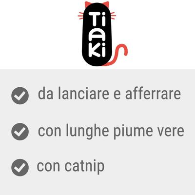 Tiaki. Da lanciare e afferrare, con lunghe piume vere, con catnip.