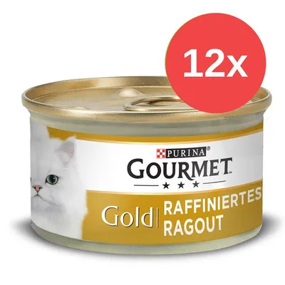 Konzerva Purina Gourmet Gold Raffiniertes Ragout, balení 12×. Na obalu je bílá kočka a nápisy značky a produktu. Konzerva Purina Gourmet Gold Raffiniertes Ragout, balení 12×. Na obalu je bílá kočka a nápisy značky a produktu.