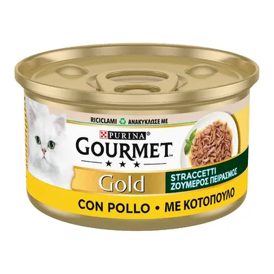 Scatoletta Purina Gourmet Gold straccetti con pollo, immagine di un gatto bianco e carne sminuzzata, testo: 'RICICLAMI', 'CON POLLO', 'STRACCETTI', scritte anche in greco.