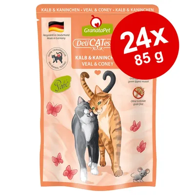 GranataPet DeliCATessen Kalb & Kaninchen, 24x85 g. Paté. Fremstillet i Tyskland. Uden dyreforsøg. Kornfri. Illustration af to katte og tekst på engelsk og tysk.