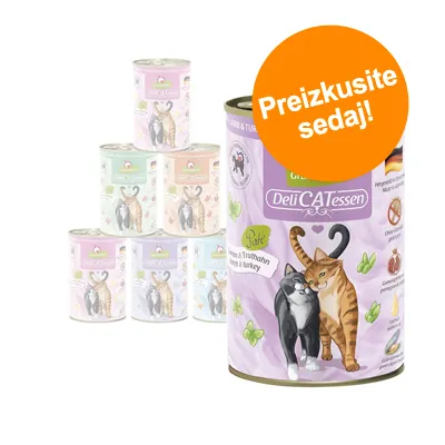 Konzerva DeliCATessen za mačke, na etiketi dve mački in napis 'Preizkusite sedaj!'. Več barvnih konzerv v ozadju. Vidno: Pure, jagnjetina in puran.