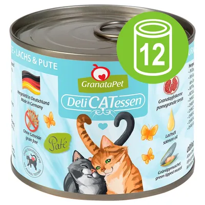 Lata de comida para gatos GranataPet DeliCATessen, paté, sin cereales, fabricado en Alemania, con semillas de granada, aceite de salmón y mejillón. Paquete de 12 unidades.