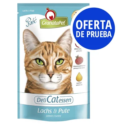 GranataPet Paté DeliCatessen Lachs & Pute, oferta de prueba. Sin cereales, con semillas de granada y aceite de salmón. Imagen de envase para comida húmeda de gato.