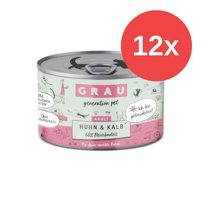 GRAU generation pet ADULT Huhn & Kalb 68% Fleischanteil, bez dodatku cukru, bez zbóż, zestaw 12x puszka. Tekst częściowo po niemiecku.