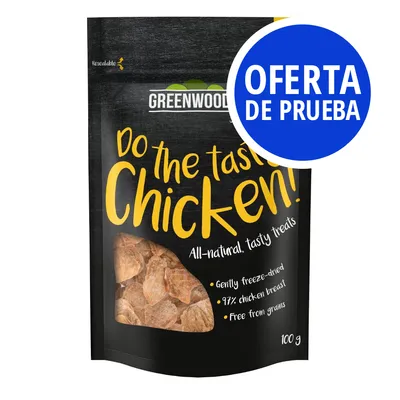 GREENWOOD Do the tasty Chicken! 97 % chicken breast, sin cereales, bolsa de 100 g. Texto en inglés. Etiqueta azul: OFERTA DE PRUEBA.