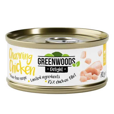 Greenwoods Delight Charming Chicken, беззърнеста рецепта, ограничени съставки, 75% пилешко филе, 70g консерва.