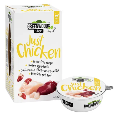 Greenwoods Just Chicken, kornfri opskrift, begrænsede ingredienser, 33% kyllingefilet og indmad, fuldfoder til voksne katte, pakke med 6 x 85g.