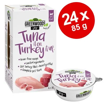 Greenwoods Joy Tuna it on. Turkey it up. Adult Cat, 24 x 85 g. Text på förpackning: Grain-free recipe, Limited ingredients, 33% turkey fillet + hearty offal, Complete pet food. Greenwoods Joy Tuna it on. Turkey it up. Adult Cat, 24 x 85 g. Text på förpackning: Grain-free recipe, Limited ingredients, 33% turkey fillet + hearty offal, Complete pet food.