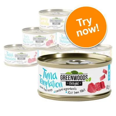 Greenwoods Delight Tuna Temptation cat food tin, visible text: grain-free recipe, limited ingredients, 75% tuna fillet. Orange badge with white text: Try now!