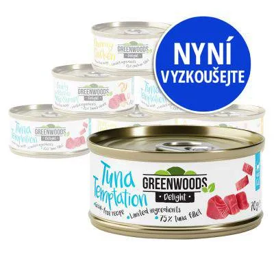 Konzervy Greenwoods Delight Tuna Temptation, 75 % tuna fillet, nápis NYNÍ VYZKOUŠEJTE na modrém kruhu. Viditelné i další varianty konzerv.