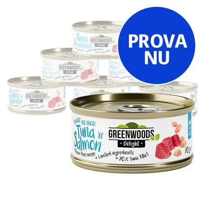 Flera burkar Greenwoods Delight kattmat, främre burk med text: Tuna 'n' Salmon, grain-free recipe, limited ingredients, 70 % tuna fillet. Blå cirkel med texten PROVA NU.