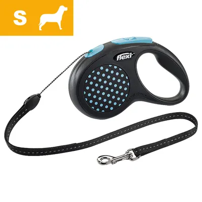Guinzaglio avvolgibile Flexi con impugnatura nera a pois azzurri, moschettone in metallo e simbolo cane taglia S su sfondo arancione visibile nell’angolo superiore sinistro.