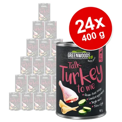 Greenwoods Talk Turkey to Me, 24x400g. Bezobilná receptura, omezené ingredience, jedno jídlo, dušený styl. Zobrazeno: krůtí stehno, pastinák a plátky okurky. Greenwoods Talk Turkey to Me, 24x400g. Bezobilná receptura, omezené ingredience, jedno jídlo, dušený styl. Zobrazeno: krůtí stehno, pastinák a plátky okurky.