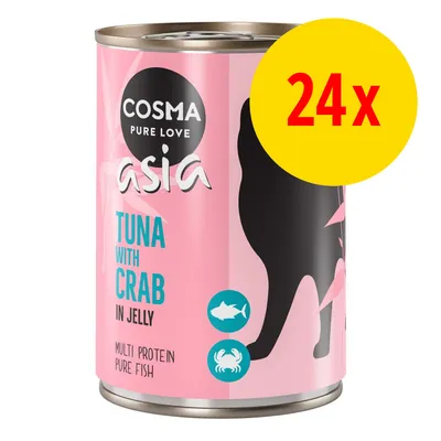 Cosma Pure Love Asia, boîte rose avec texte anglais : Tuna with Crab in Jelly, Multi Protein Pure Fish, lot de 24x. Silhouette de chat et icônes poisson/crabe visibles.