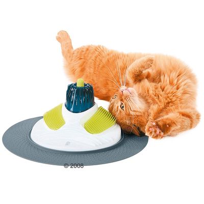 Gatto arancione sdraiato accanto a un gioco interattivo per gatti con base grigia, spazzole gialle e parte centrale blu con elemento verde visibile.