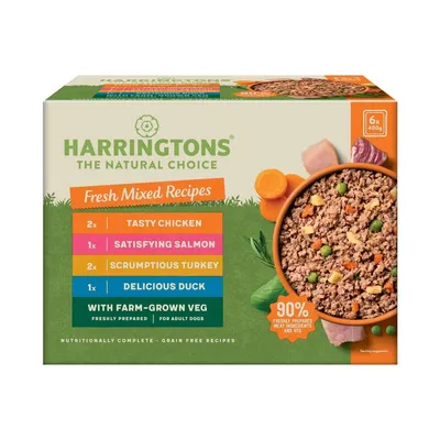 Box showing 6 packs: 2 tasty chicken, 1 satisfying salmon, 2 scrumptious turkey, 1 delicious duck, with farm-grown veg. 90% freshly prepared meat ingredients and veg. For adult dogs.