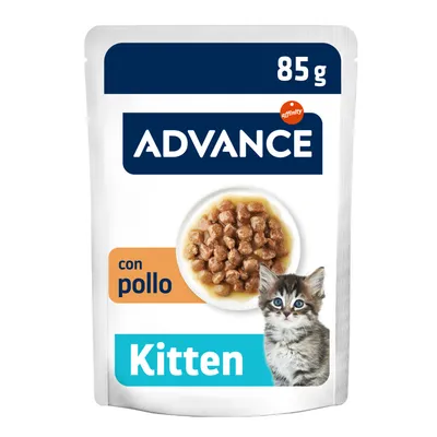 Advance Kitten con pollo, 85 g. Imagen de comida húmeda para gatitos en salsa, marca Advance, texto visible: affinity, con pollo, Kitten.