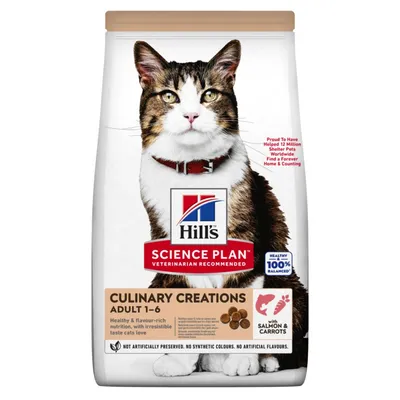 Hill's Science Plan Culinary Creations Adult 1–6 con salmone e carote, immagine di un gatto sulla confezione. Testo visibile: 'Healthy 100% balanced', 'with salmon & carrots'. Hill's Science Plan Culinary Creations Adult 1–6 con salmone e carote, immagine di un gatto sulla confezione. Testo visibile: 'Healthy 100% balanced', 'with salmon & carrots'.