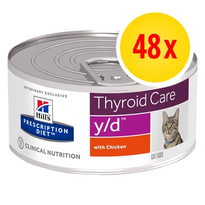 Hill's Prescription Diet Thyroid Care y/d with Chicken kissanruoka, 48 purkkia. Etiketissä kuva kissasta ja teksti 'CLINICAL NUTRITION'.