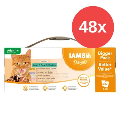 IAMS Delights Land & Sea Collection para gatos adultos 1+, pack de 48x85g. Variedades: pollo y pavo, cordero y pimiento rojo, atún y guisantes, salmón y bacalao.